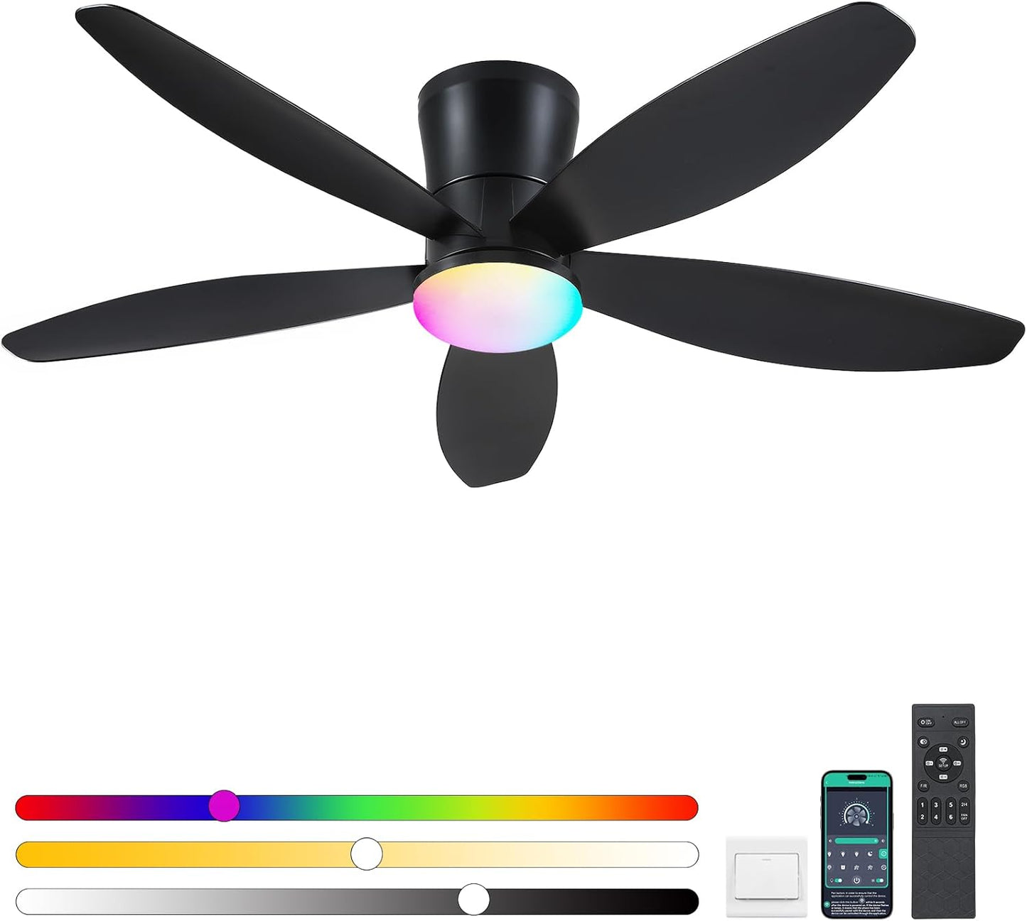 42" Ceiling Fans with Lights-Low Profile Ceiling Fan with Light and Remote/APP Control,Flush Mount,DC Reversible,LED Dimmable Blakc Ceiling Fans for Bedroom,Indoor/Outdoor Patio Use
