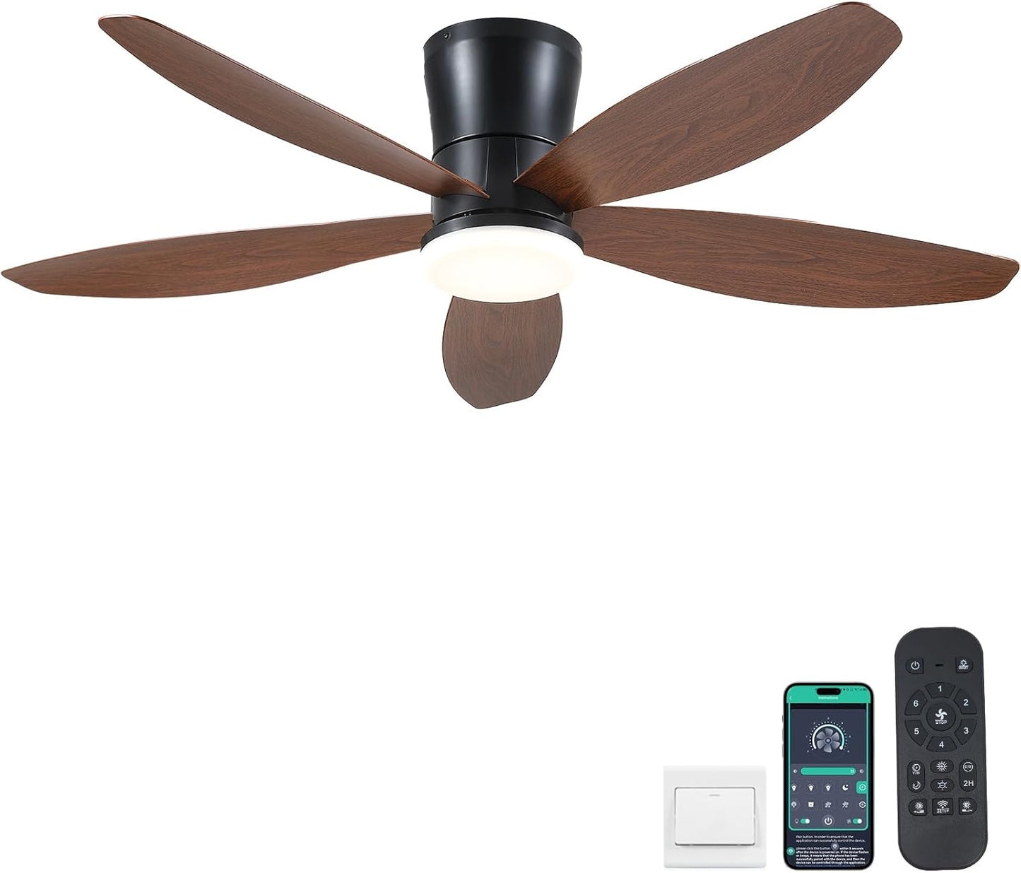 42" Ceiling Fans with Lights-Low Profile Ceiling Fan with Light and Remote/APP Control,Flush Mount,DC Reversible,LED Dimmable Blakc Ceiling Fans for Bedroom,Indoor/Outdoor Patio Use