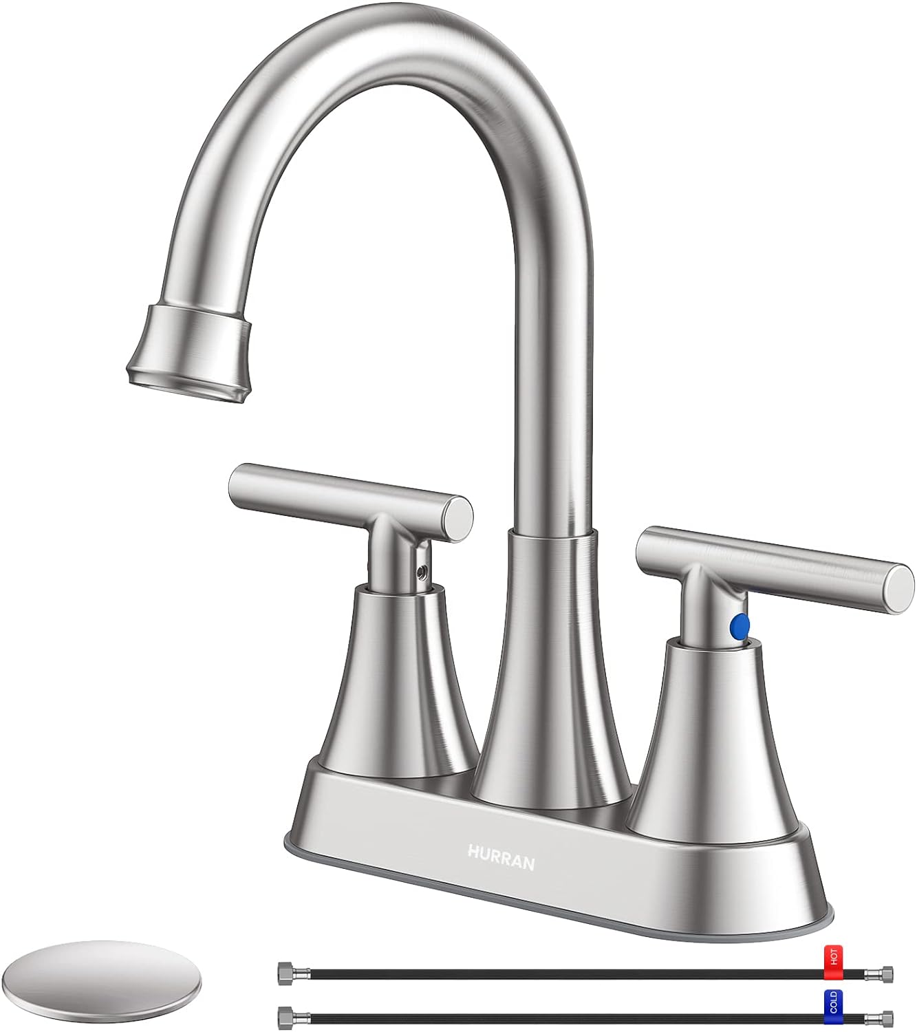 Bathroom Faucets for Sink 3 Hole, Hurran 4 inch Matte Black with Pop-up Drain and 2 Supply Hoses, Stainless Steel Lead-Free 2-Handle Centerset Faucet for Sink Vanity