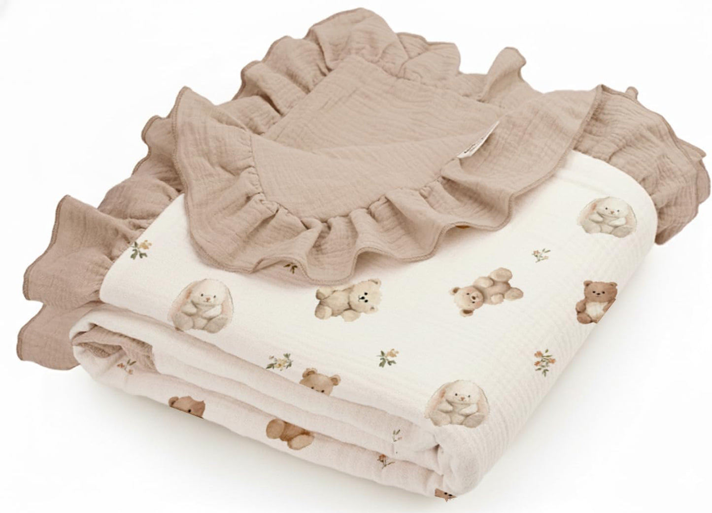 Muslin Ruffled Baby Blanket, Extra Large 52 x 52 Inches, Soft Breathable Cotton Crib Blanket for Newborn Infant Toddler (Hoppy Dreams-Ruffled, Printed)