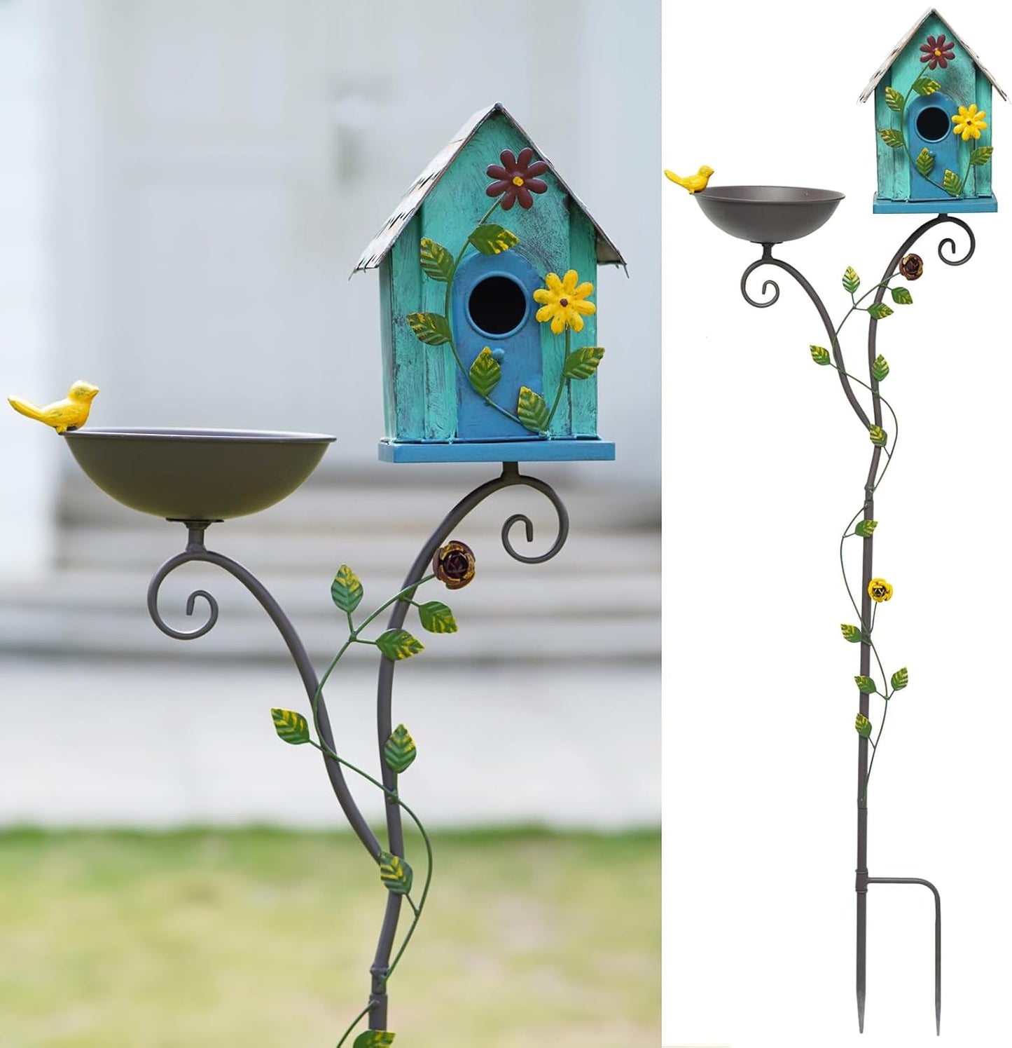 57" H Metal Bird Bath Bowl and Bird House 2-in-1 Design for Outdoors, Garden Yard Decor