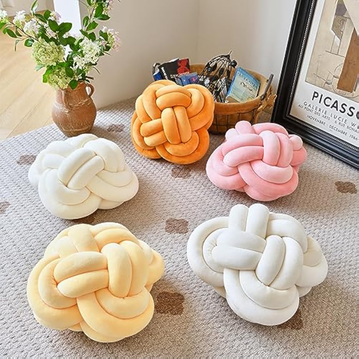 Xuyier Knot Pillow Ball, Decorative Throw Pillows with Velvet Fabric for Couch Bed, 12" Decor Knotted Square Floor Pillow Cushions for Living Room (12 Inches, Beige)