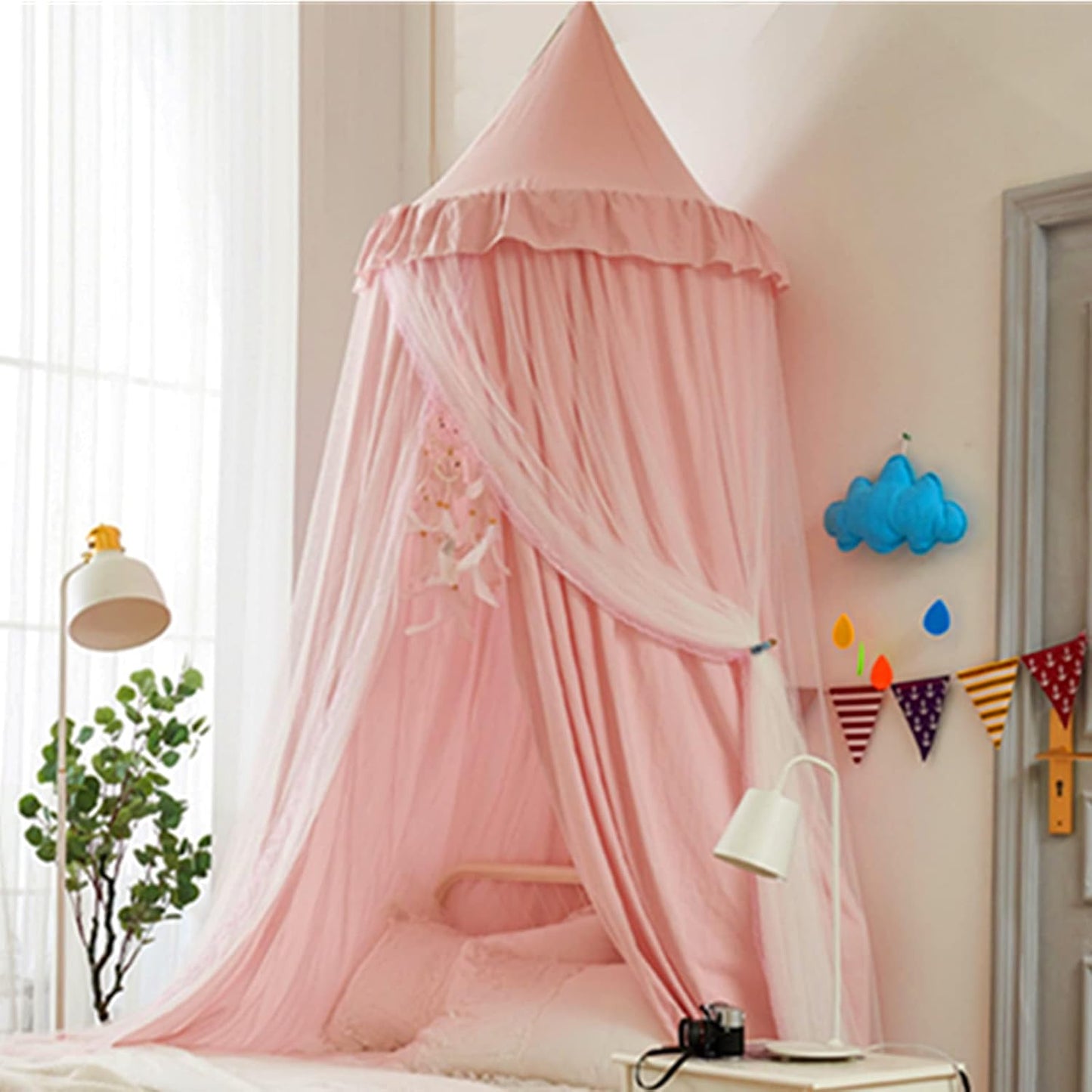 VETHIN Bed Canopy for Girls,Princess Round Dome Dreamy Mosquito Net Bedding Girls Room Castle Play Tent Hanging House Decor Reading Nook Canopies (JujubeRed)