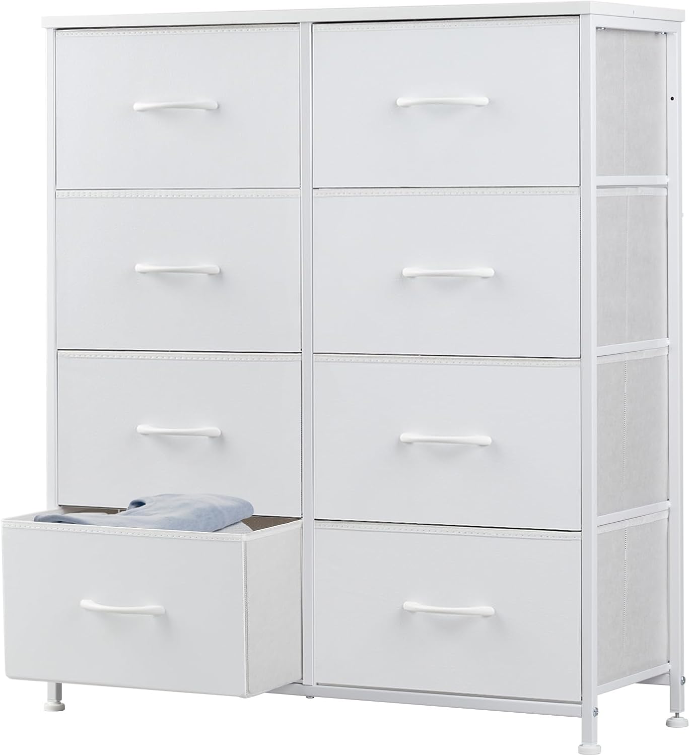 DUMOS Dresser for Bedroom, Storage Organizer with 9 Drawers, Chest of Drawers with Fabric Bins, Sturdy Metal Frame, Wood Tabletop for Guest Room, Closet, Entryway, White