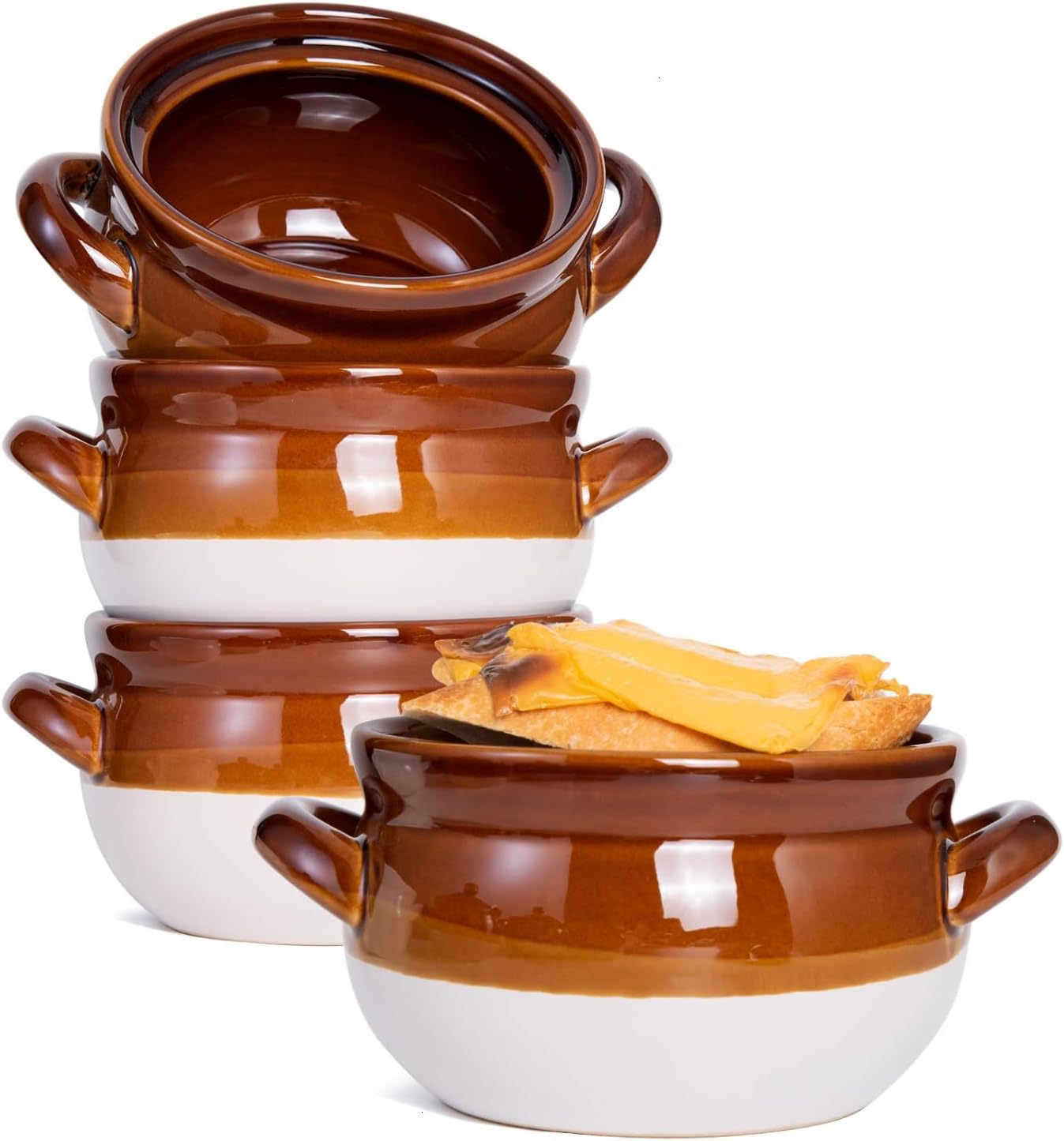 French Onion Soup Bowls with Handles, 16 Oz Ceramic Soup Serving Bowl Crocks - Oven Safe Bowls for Chili, Beef Stew, Cereal, Pot Pies, Set of 4