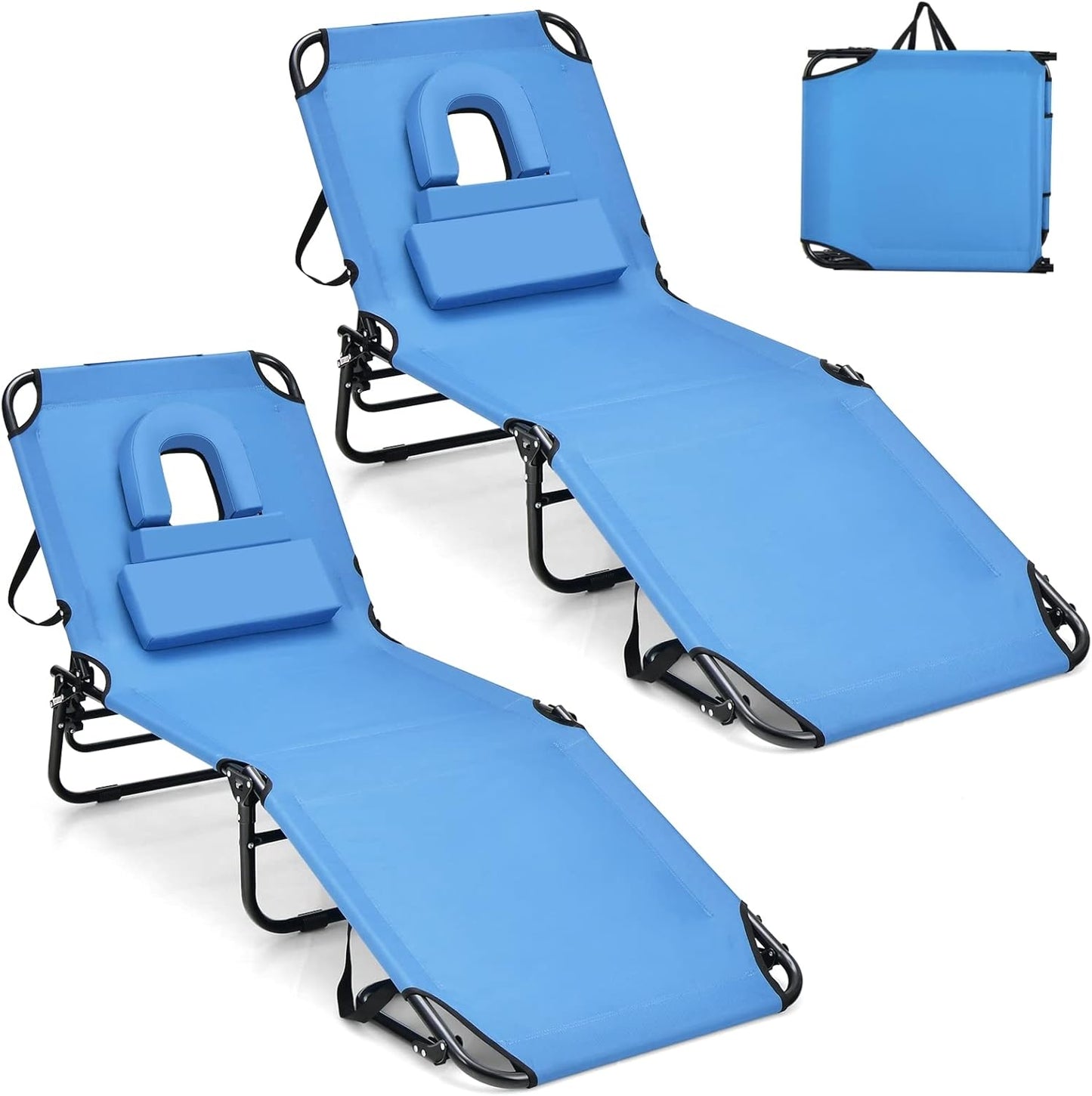 GYMAX Tanning Chair, 330lbs Beach Lounge Chair with Face Hole, Washable Pillow & Carry Strap, Adjustable Folding Chaise Lounge, Layout Chair for Outside, Patio, Poolside, Lawn (1, Stripe)