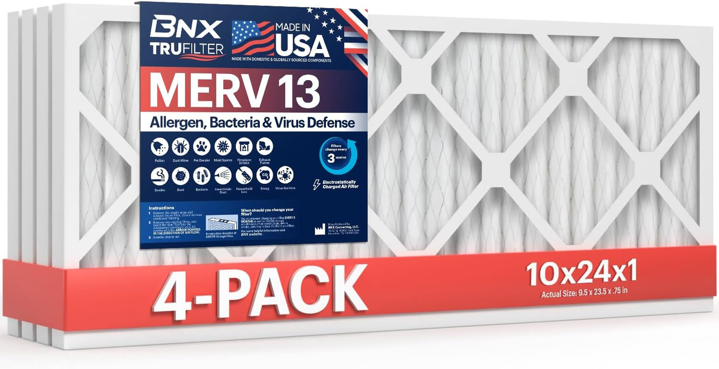 BNX TruFilter 20x20x1 MERV 13 (4-Pack) AC Furnace Air Filter - MADE IN USA - Electrostatic Pleated Air Conditioner HVAC AC Furnace Filters - Removes Pollen, Mold, Bacteria, Smoke