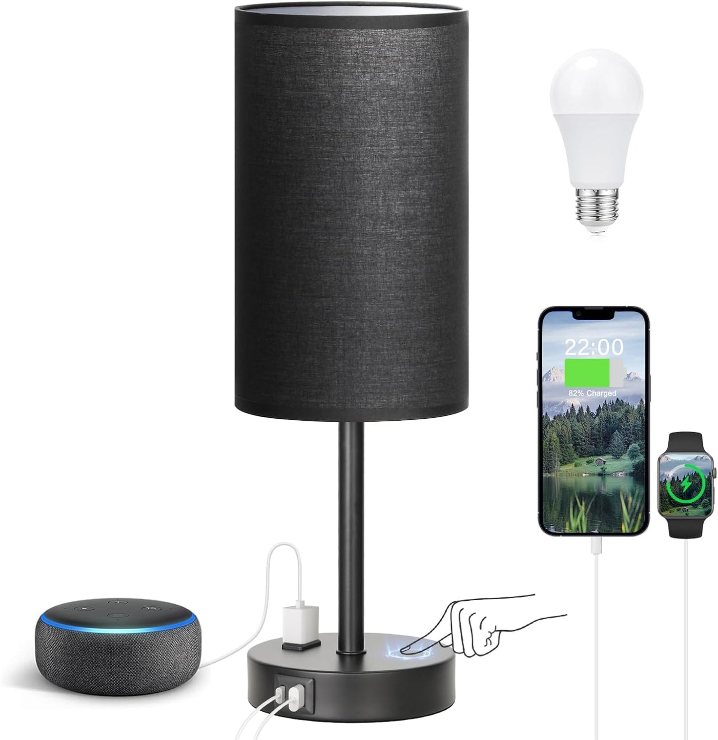 Fenmzee Bedside Table Lamp for Bedroom - 3 Way Dimmable Touch Lamp USB C Charging Ports and AC Outlet, Small Lamp Wood Base Round Flaxen Fabric Shade for Living Room, Desk, LED Bulb Included