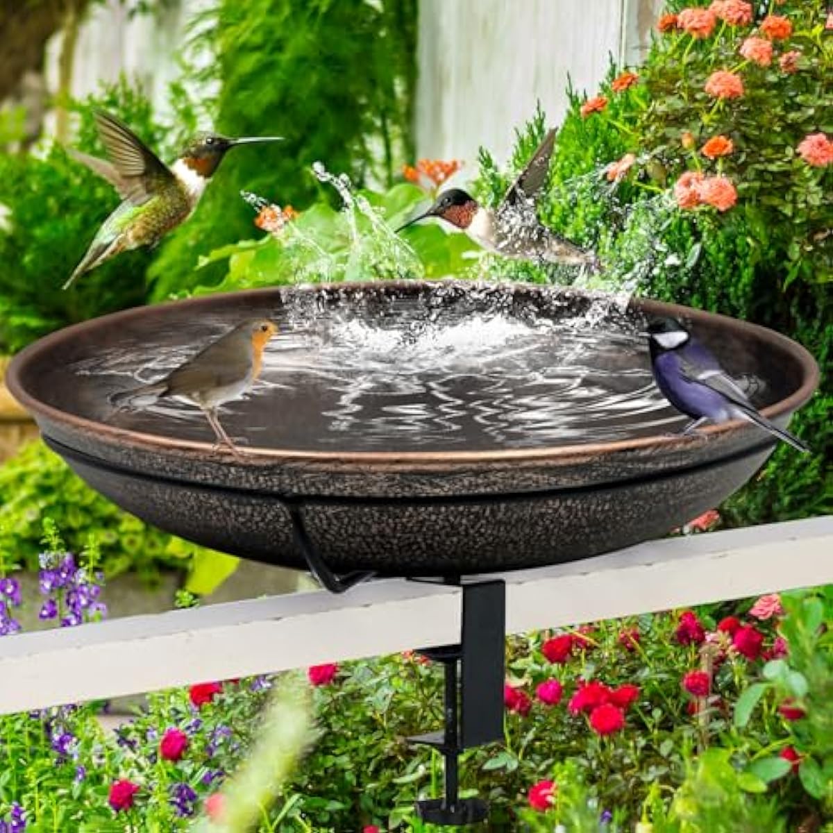 Deck Mounted Bird Bath, Easy to Clean12 Detachable Bath Bowl, Metal Birdbath for Outside with Sturdy Adjustable Clamp for Railing Balcony Fence Outdoor Decor 0.7 Gallon