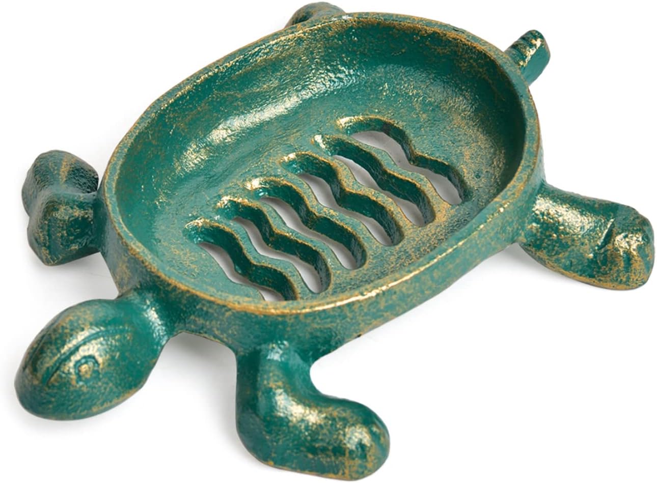Sungmor Heavy Duty Cast Iron Hand Soap Holder - Lovely Bird Shaped & Antique Green Finish - Decorative Tabletop Soap Dish Tray for Kitchen Bathroom Sink - Practical Bath Soap Box Container