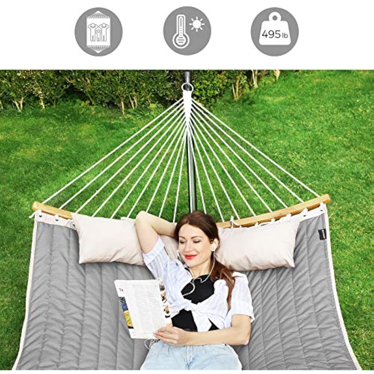 SONGMICS Hammock, Quilted Hammock with Curved Bamboo Spreaders, Pillow, 78.7 x 55.1 Inches, Portable Padded Hammock Holds up to 495 lb, Gray and Beige UGDC34CG