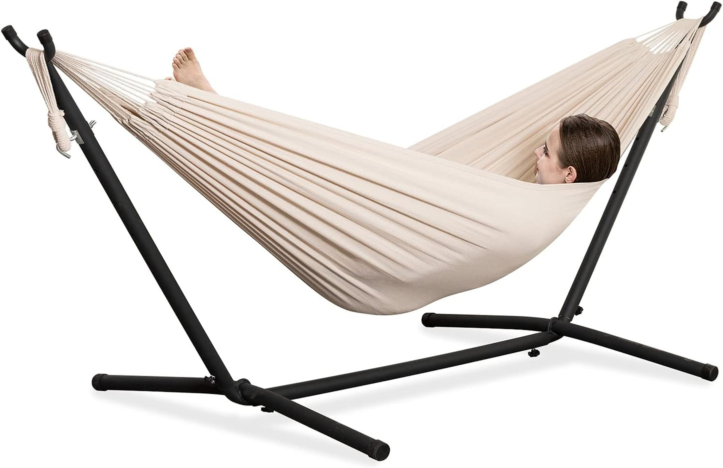 PNAEUT Double Hammocks with Stand for Outside, Portable Space Saving Heavy-Duty Steel Frame for Indoor Outdoor Patio Yard, Easy Assembly, 2 Person 450 lbs Capacity (Coffee)