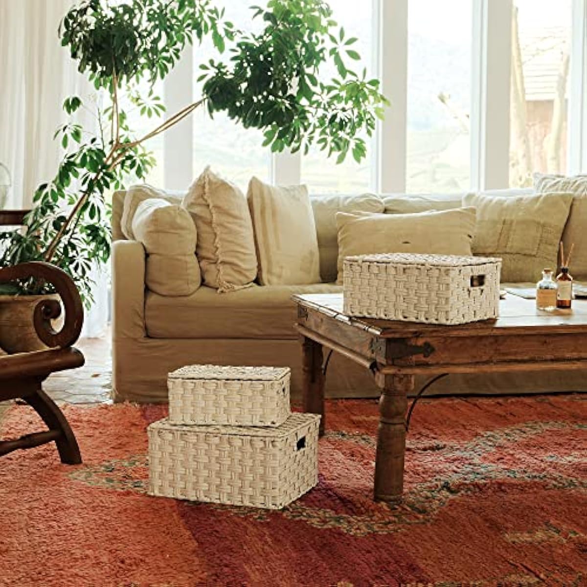 GRANNY SAYS Wicker Storage Baskets with Lids, Set of 3 Decorative Storage Boxes, Baskets for Organizing, Butter Milk, 3-Pack