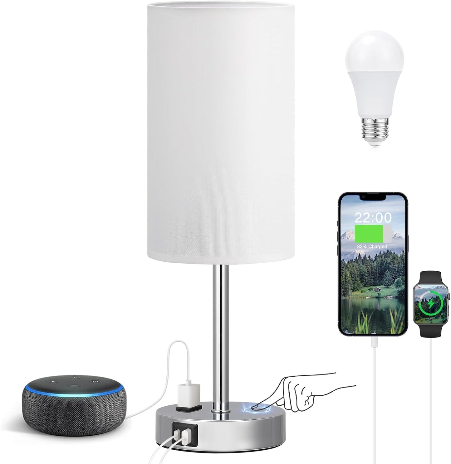 Fenmzee Bedside Table Lamp for Bedroom - 3 Way Dimmable Touch Lamp USB C Charging Ports and AC Outlet, Small Lamp Wood Base Round Flaxen Fabric Shade for Living Room, Desk, LED Bulb Included