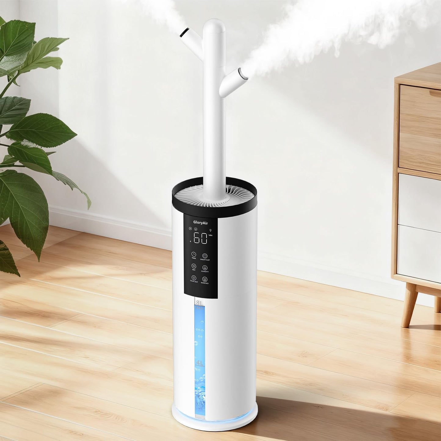 Humidifiers for Large Room 550 ft² - GloryAir 8L Cool Mist Humidifier for Bedroom Home Plants Baby, Top Fill, 120H Runtime, 4 Mist Spray Levels, 7-Color Light, 35dB Quiet Humidifier