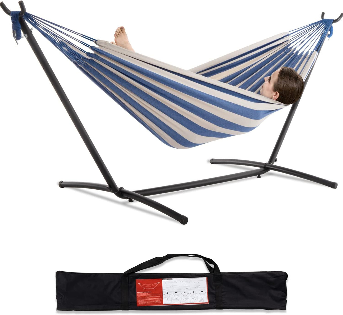 PNAEUT Double Hammocks with Stand for Outside, Portable Space Saving Heavy-Duty Steel Frame for Indoor Outdoor Patio Yard, Easy Assembly, 2 Person 450 lbs Capacity (Coffee)