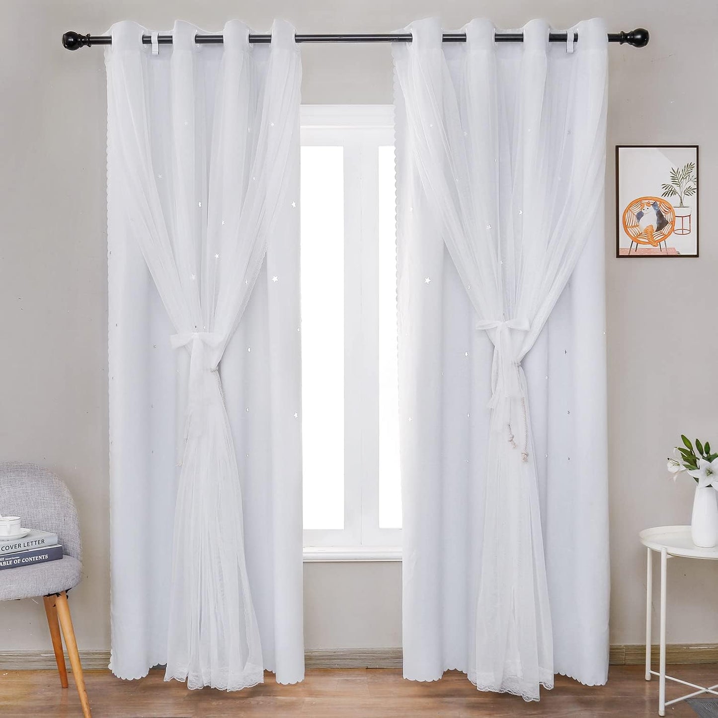 UNISTAR 2 Panels Stars Blackout Curtains for Bedroom Girls Kids Baby Window Decoration Double Layer Star Cut Out Aesthetic Living Room Decor Wall Home Curtain,W52 x L63 Inches,Pink