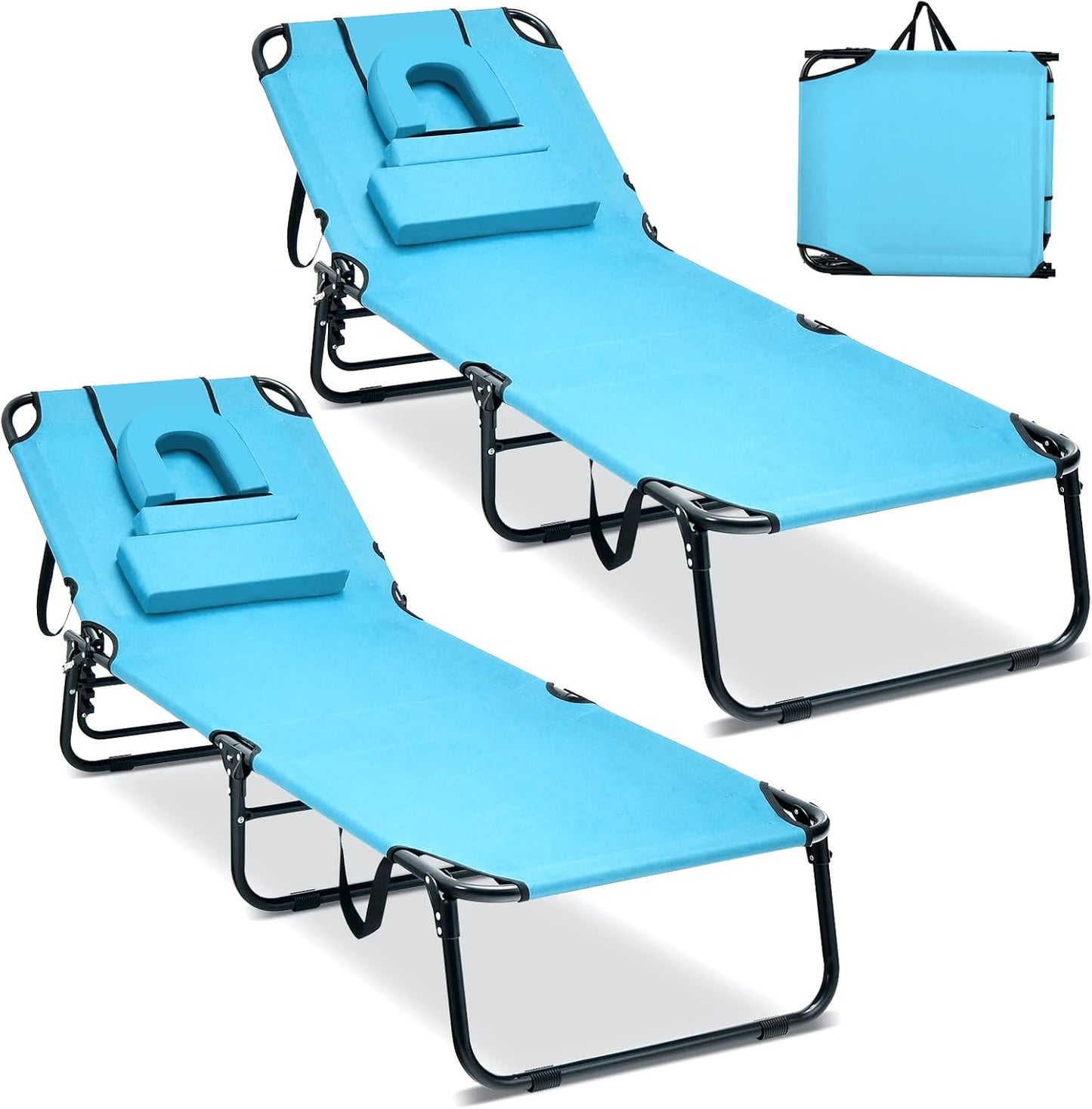 GYMAX Tanning Chair, 330lbs Beach Lounge Chair with Face Hole, Washable Pillow & Carry Strap, Adjustable Folding Chaise Lounge, Layout Chair for Outside, Patio, Poolside, Lawn (1, Stripe)