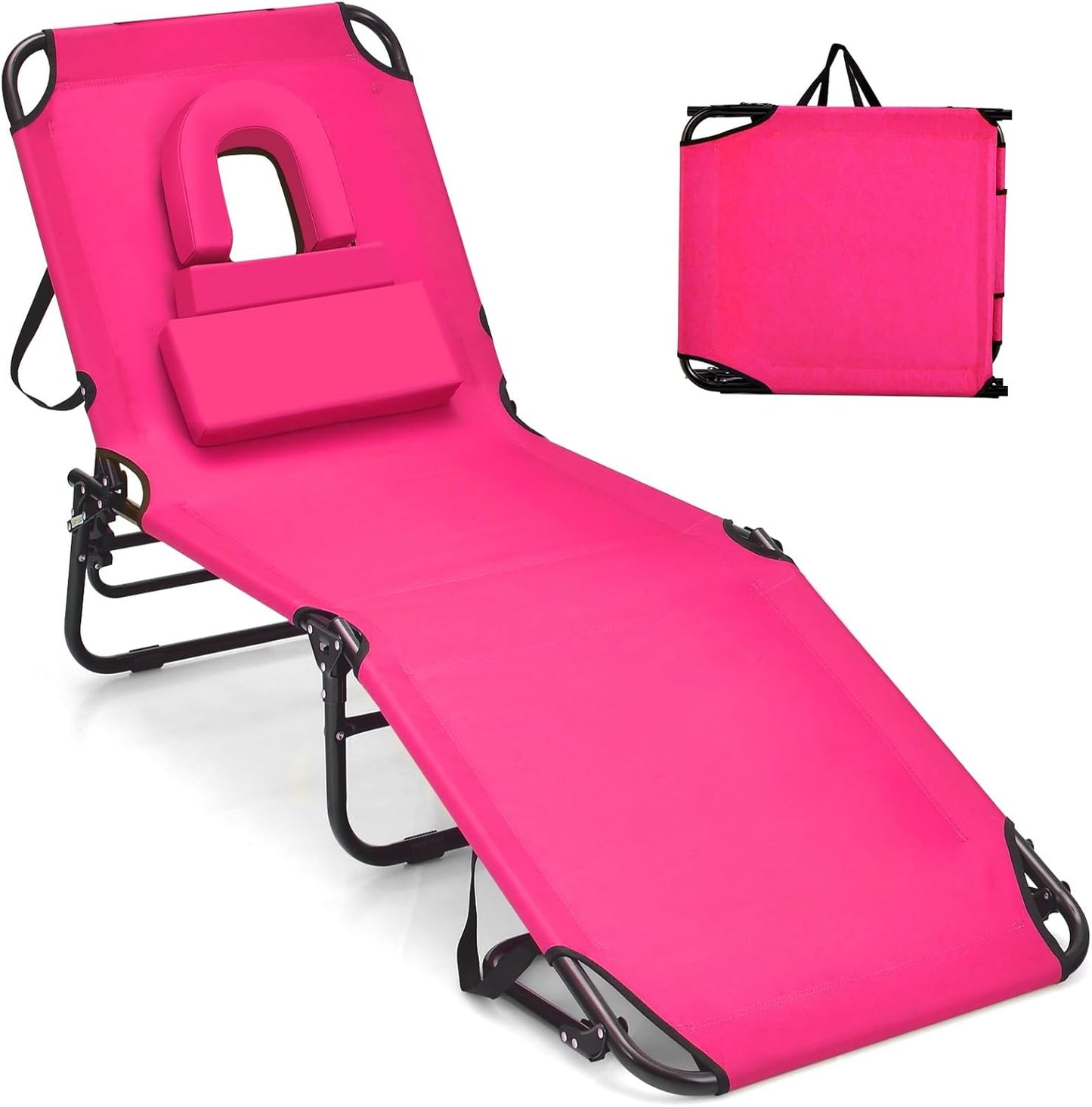 GYMAX Tanning Chair, 330lbs Beach Lounge Chair with Face Hole, Washable Pillow & Carry Strap, Adjustable Folding Chaise Lounge, Layout Chair for Outside, Patio, Poolside, Lawn (1, Stripe)
