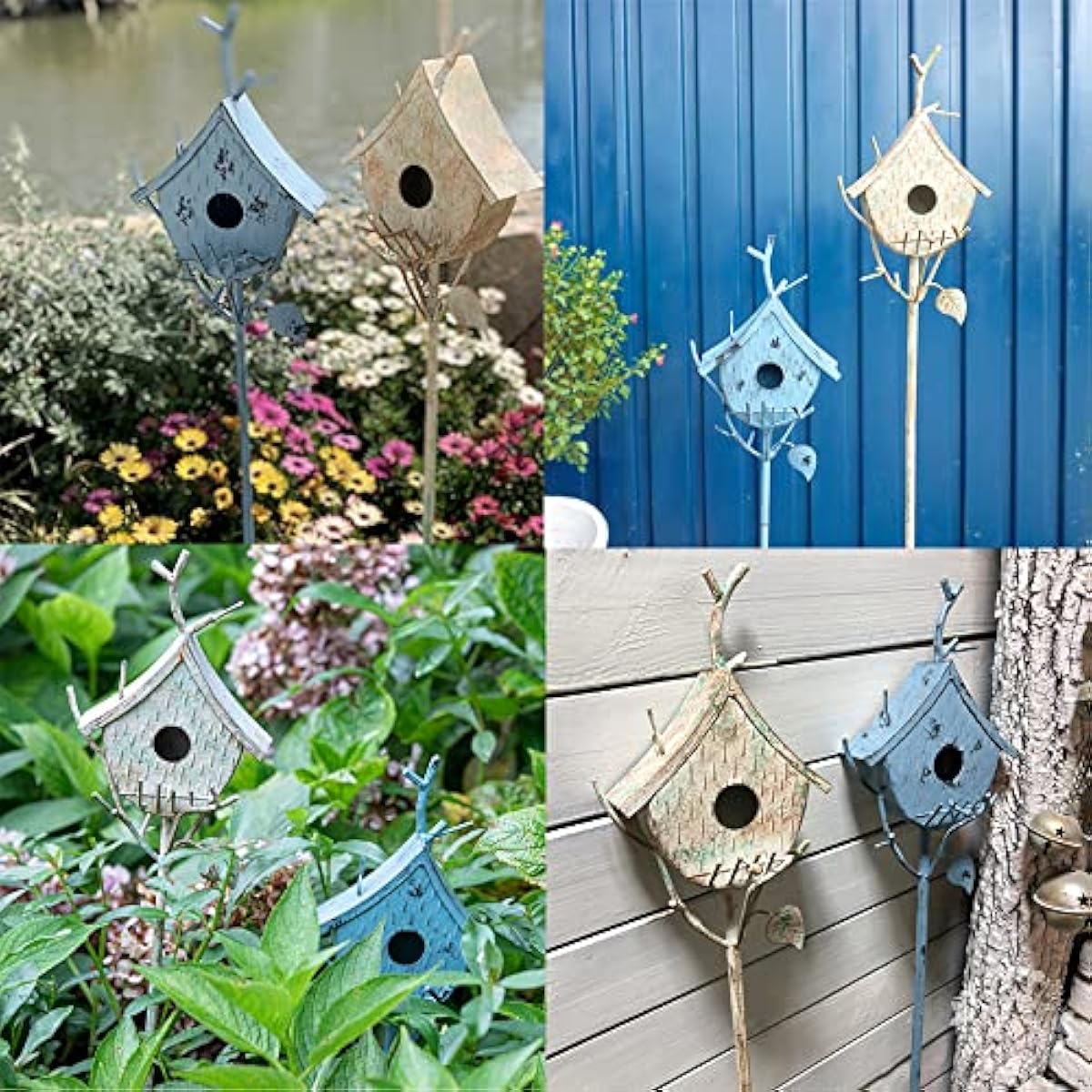 Bird Houses for Outside with Pole, Metal Birdhouse Stake for Outdoors Rustic Bird House On Pole Stand Farmhouse Birdhouse Decor Decorative Garden Yard Art 39" H Blue