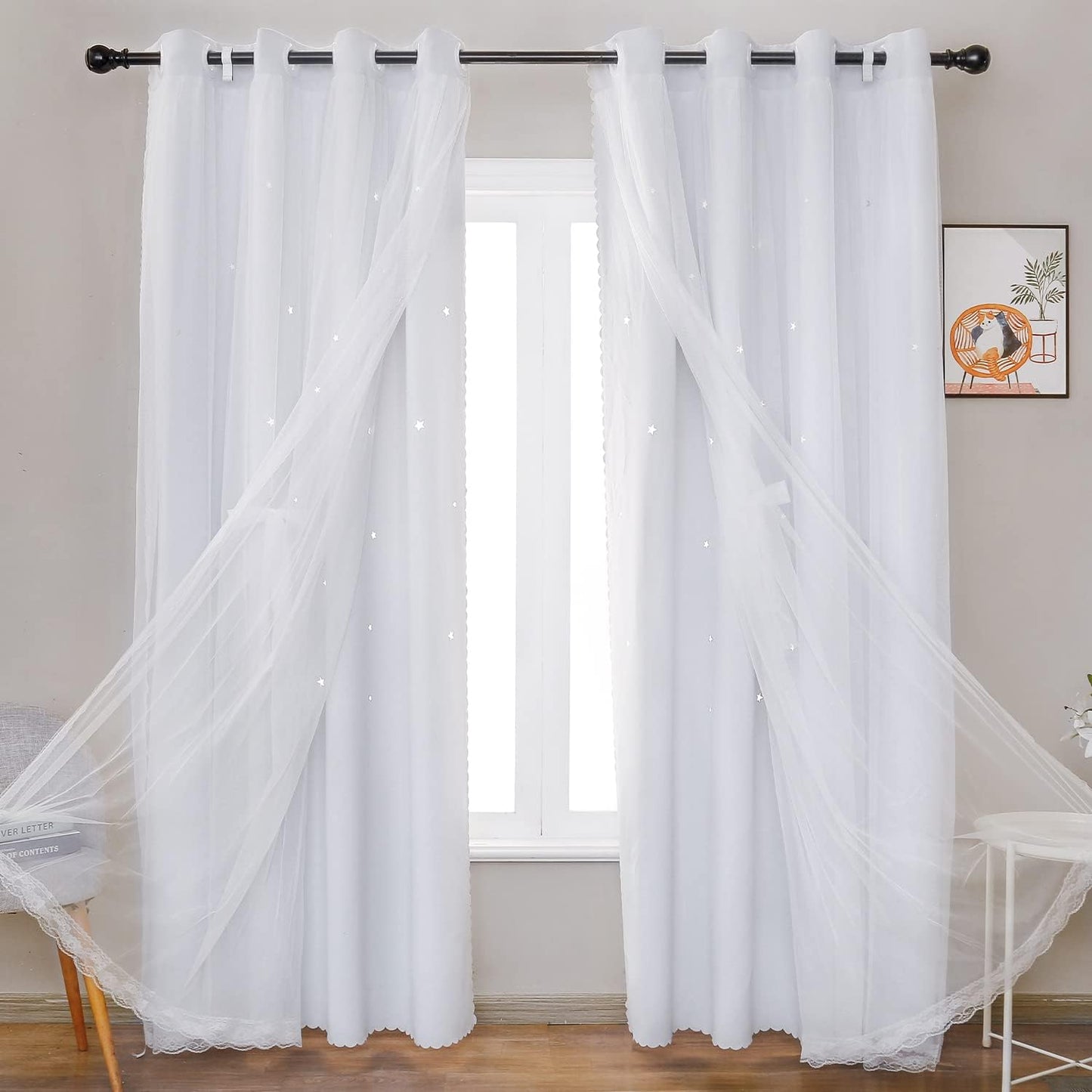 UNISTAR 2 Panels Stars Blackout Curtains for Bedroom Girls Kids Baby Window Decoration Double Layer Star Cut Out Aesthetic Living Room Decor Wall Home Curtain,W52 x L63 Inches,Pink