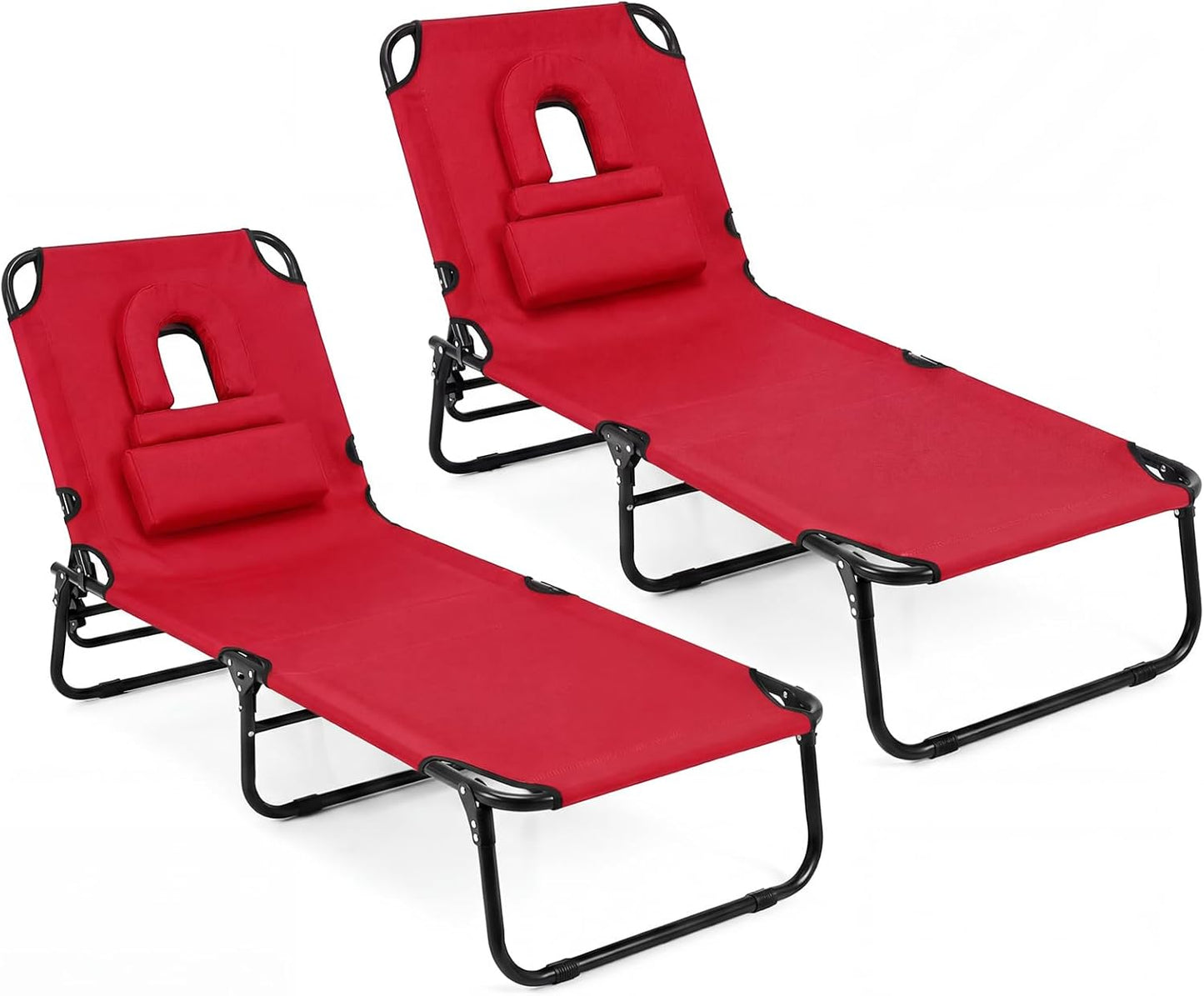 GYMAX Tanning Chair, 330lbs Beach Lounge Chair with Face Hole, Washable Pillow & Carry Strap, Adjustable Folding Chaise Lounge, Layout Chair for Outside, Patio, Poolside, Lawn (1, Stripe)