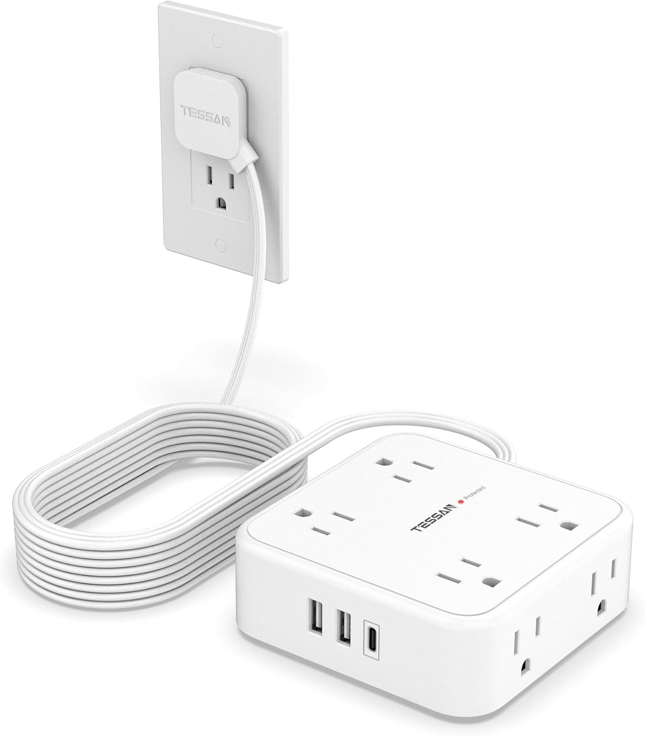 TESSAN Surge Protector Power Strip, 5 Ft Flat Plug Extension Cord with 3 USB (1 USB C) 8 Outlets, 1250W, 900J Protection, 3 Sided Outlet Extender with Power Switch for Office, Dorm Room Essentials