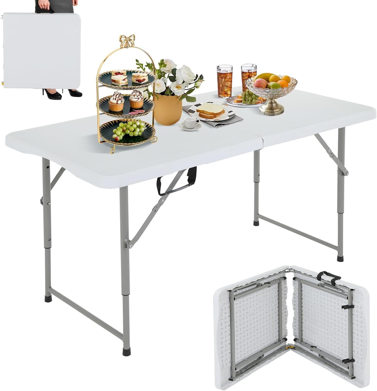 6ft Folding Table - Heavy Duty Portable 6 Foot Plastic Table with Fold-in-Half Design & Carry Handle, Indoor Outdoor Utility Table for Dining, Camping, Parties, Picnics, Tailgating (6FT, Black) ﻿