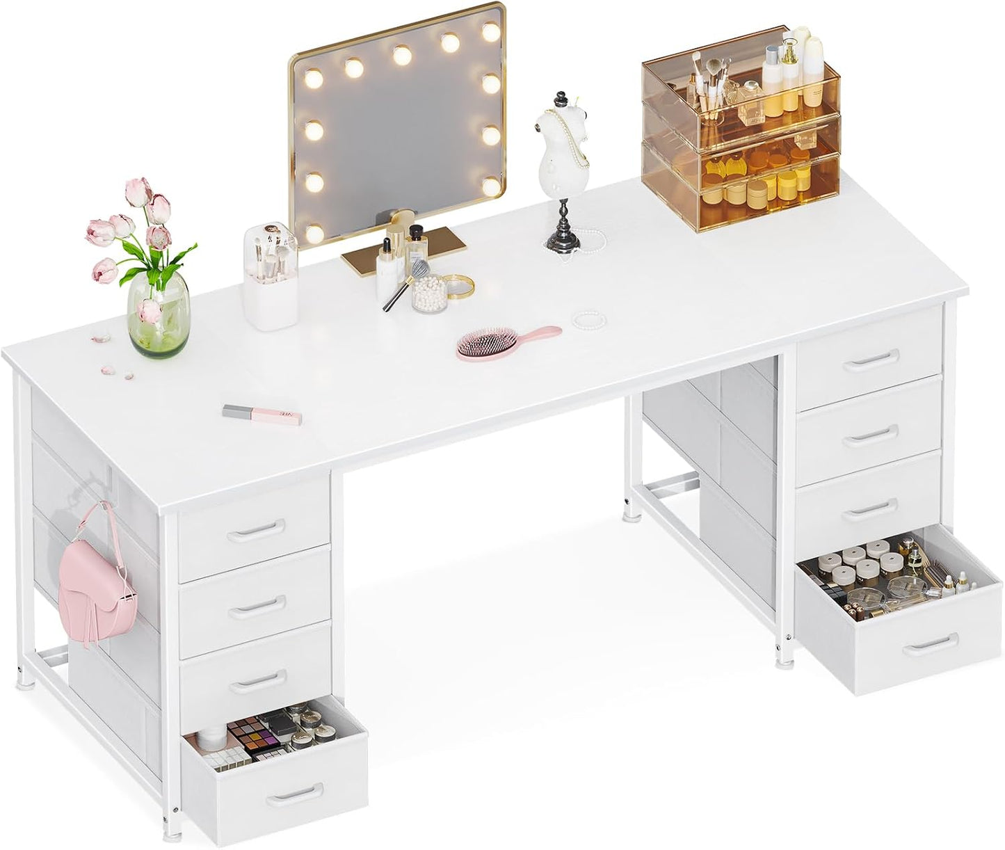 ODK 48 Inch White Computer Desk with 8 Fabric Drawers, Modern Office Desk with Large Storage for Home Office, Study, Gaming, White
