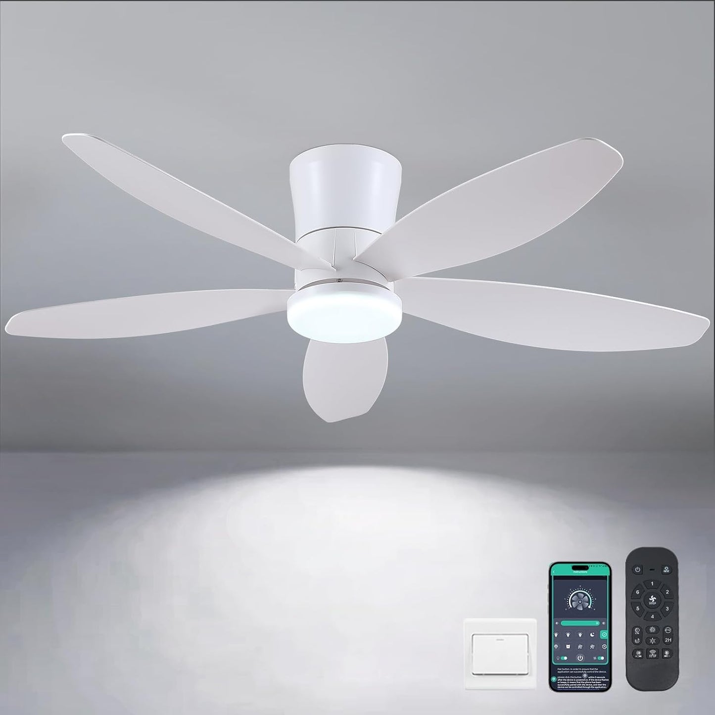 42" Ceiling Fans with Lights-Low Profile Ceiling Fan with Light and Remote/APP Control,Flush Mount,DC Reversible,LED Dimmable Blakc Ceiling Fans for Bedroom,Indoor/Outdoor Patio Use
