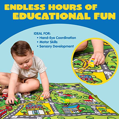 JOYIN Carpet Playmat w/ 12 Cars Pull-Back Vehicle Set for Kids Age 3+, Jumbo Play Room Rug, City Pretending Play