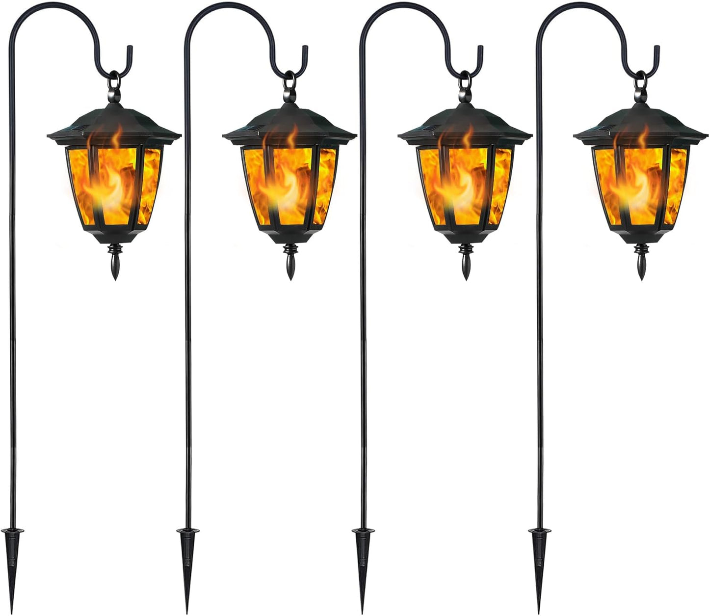 Dynaming 6 Pack Solar Flame Hanging Lights Outdoor, Halloween Solar Flickering Flame LED Garden Lanterns with 6 x 38 Inch Shepherd Hooks, Christmas Lighting for Lawn Patio Yard Pathway Driveway