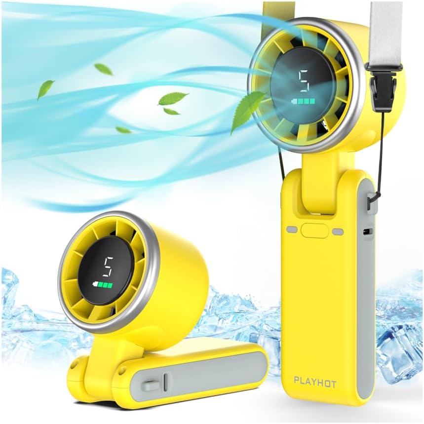 PlayHot Portable Handheld Turbo Fan, 5-Speed Personal Fans, 5000mAh Rechargeable Fans Up to 12 Hours, Weight only 0.6lb Small Fan, Hand/Neck/Desk Fan 3 IN 1, Beach Vacation Essentials(Yellow)