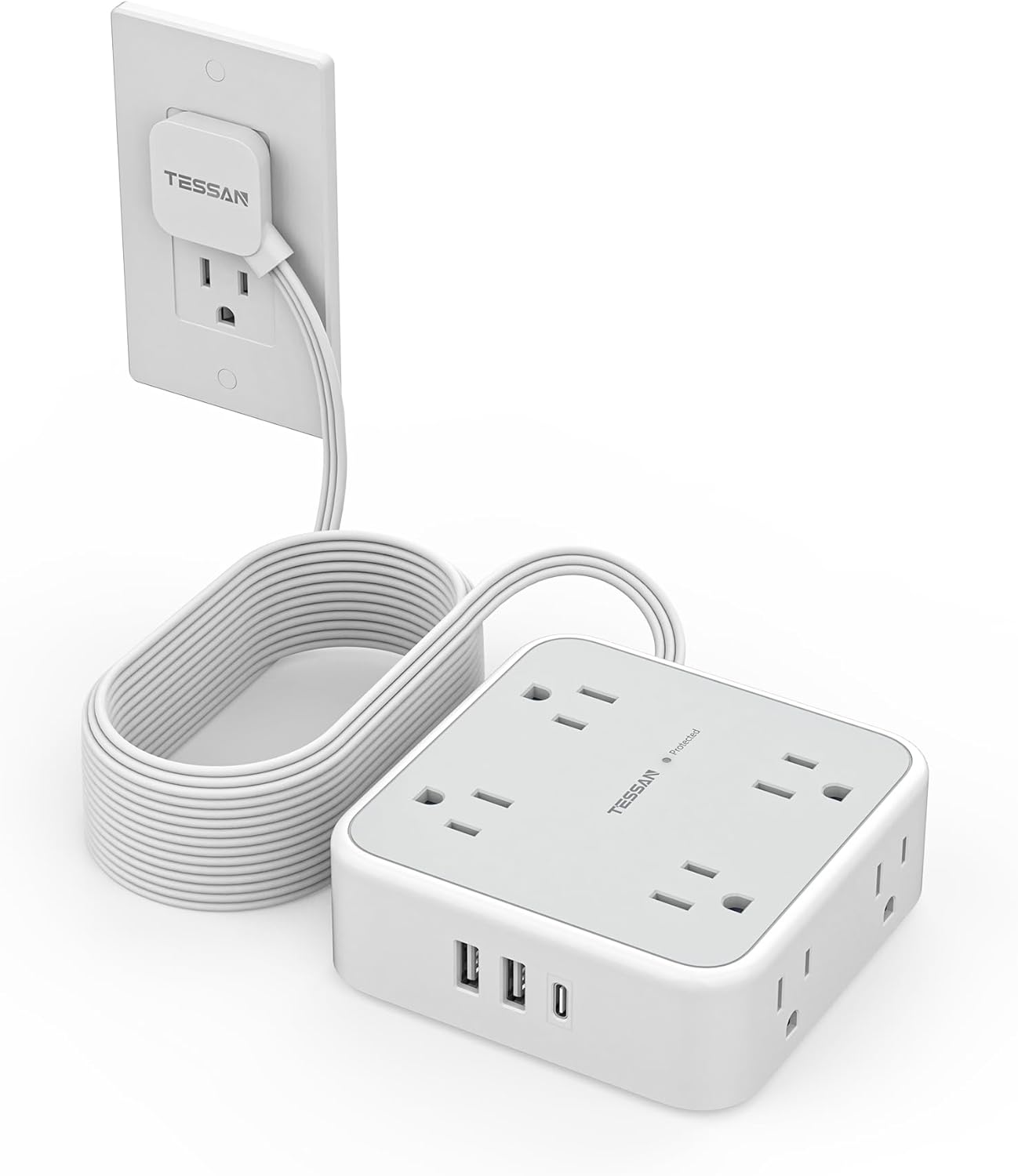 TESSAN Surge Protector Power Strip, 5 Ft Flat Plug Extension Cord with 3 USB (1 USB C) 8 Outlets, 1250W, 900J Protection, 3 Sided Outlet Extender with Power Switch for Office, Dorm Room Essentials