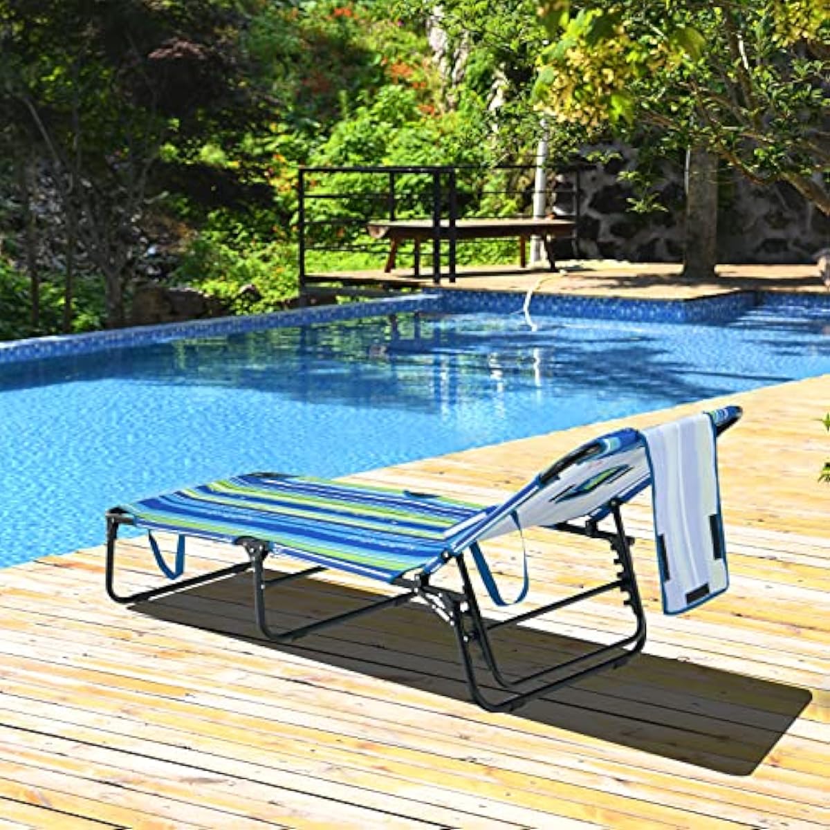 GYMAX Tanning Chair, 330lbs Beach Lounge Chair with Face Hole, Washable Pillow & Carry Strap, Adjustable Folding Chaise Lounge, Layout Chair for Outside, Patio, Poolside, Lawn (1, Stripe)