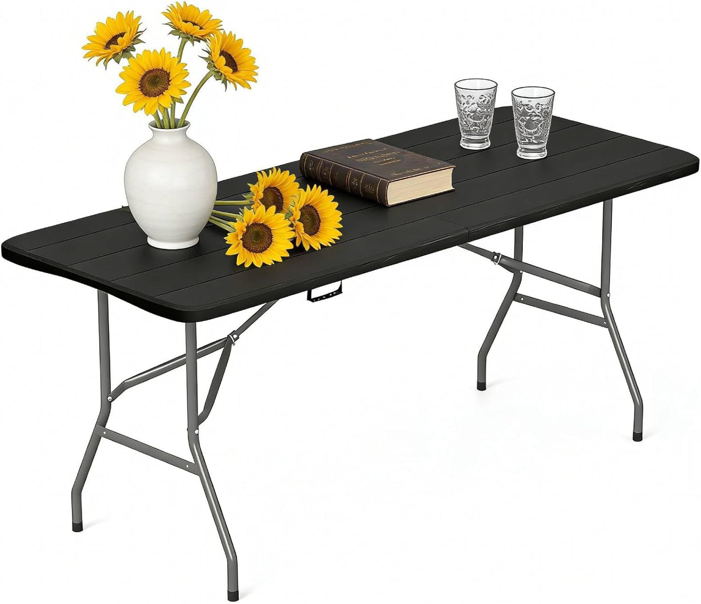 6ft Folding Table - Heavy Duty Portable 6 Foot Plastic Table with Fold-in-Half Design & Carry Handle, Indoor Outdoor Utility Table for Dining, Camping, Parties, Picnics, Tailgating (6FT, Black) ﻿