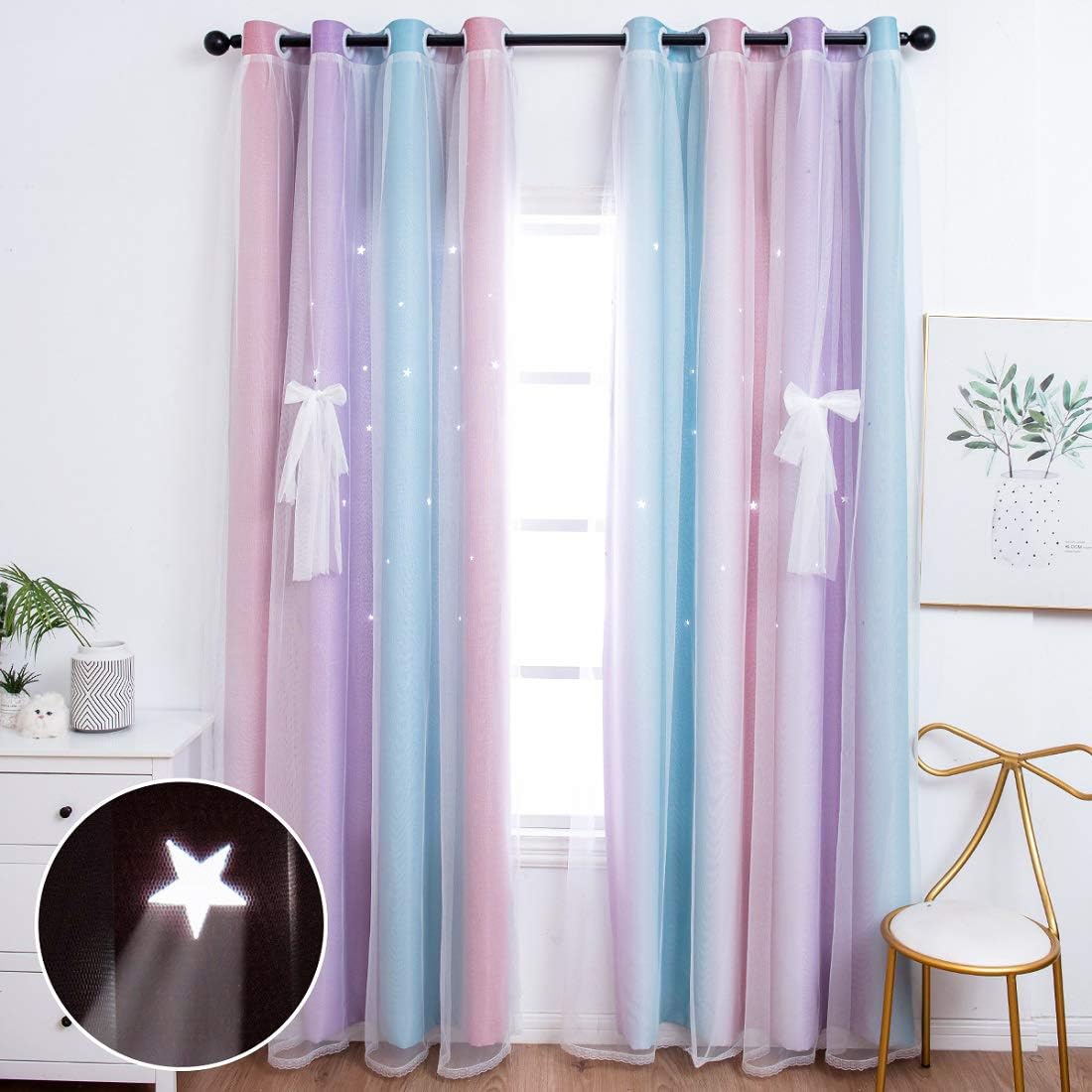 UNISTAR 2 Panels Stars Blackout Curtains for Bedroom Girls Kids Baby Window Decoration Double Layer Star Cut Out Aesthetic Living Room Decor Wall Home Curtain,W52 x L63 Inches,Pink