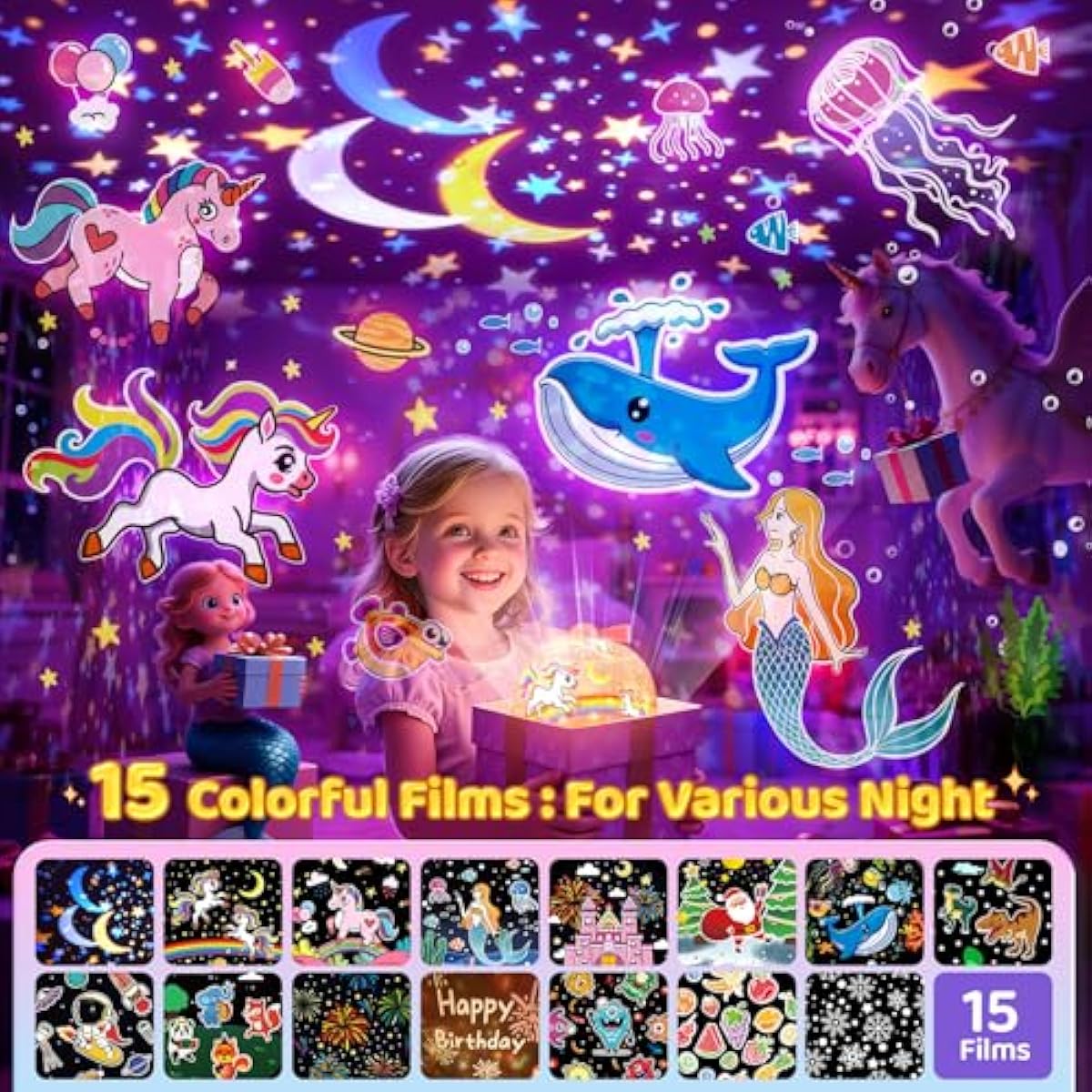 Pikoy Unicorn Toys for Girls Gifts, 15 Films+15 Lullaby Sound Machine for Kids Night Light Projector, Remote+Rechargeable Night Light for Kids Gifts, 360 °Rotation Princess Mermaid Toddler Girl Toys