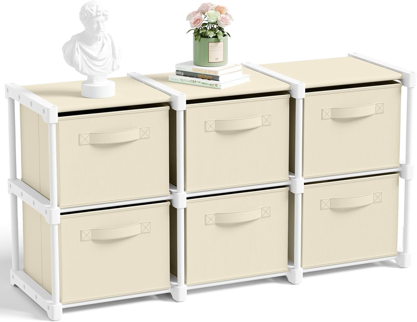 Thyle Large Cube Storage Organizer Shelf with 6 Bins 14 Inch Fabric Collapsible Cubby Storage Drawers Shelving Unit for Christmas Ornaments Clothes Toys Craft(Gray-white,Minimalist)