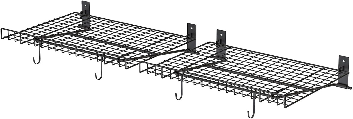 4 Pack Garage Wall Shelf, Garage Wall Mounted Shelving, Heavy Duty Floating Shelves With 8 Hooks, Loads 180 LBS Black Wall Shelves Mesh Storage Rack for Office, Basement, Wall Cabinet and Kitchen