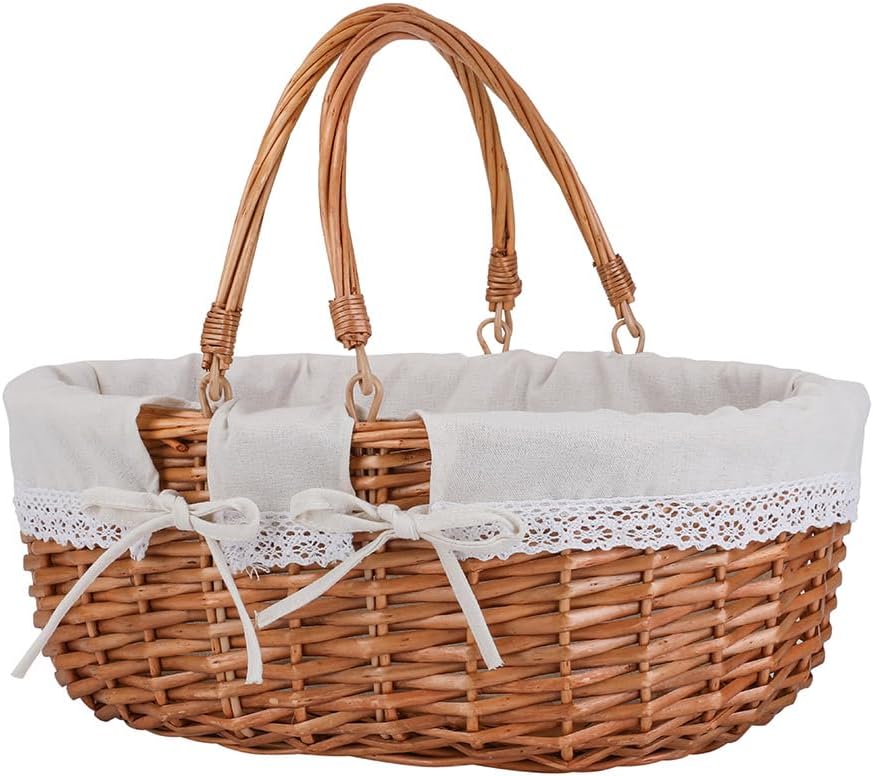 Large Wicker Picnic Basket with Handles,Handle Sturdy Woven Body with Removable and Washable Lining,Outdoor Camping,Gift Packing,Garden Picking, Storage.White Flower