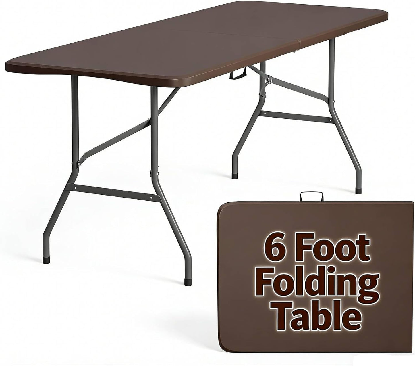 6ft Folding Table - Heavy Duty Portable 6 Foot Plastic Table with Fold-in-Half Design & Carry Handle, Indoor Outdoor Utility Table for Dining, Camping, Parties, Picnics, Tailgating (6FT, Black) ﻿