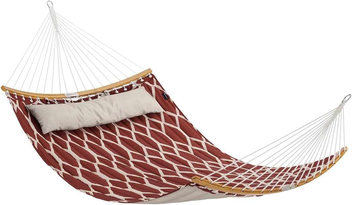 SONGMICS Hammock, Quilted Hammock with Curved Bamboo Spreaders, Pillow, 78.7 x 55.1 Inches, Portable Padded Hammock Holds up to 495 lb, Gray and Beige UGDC34CG
