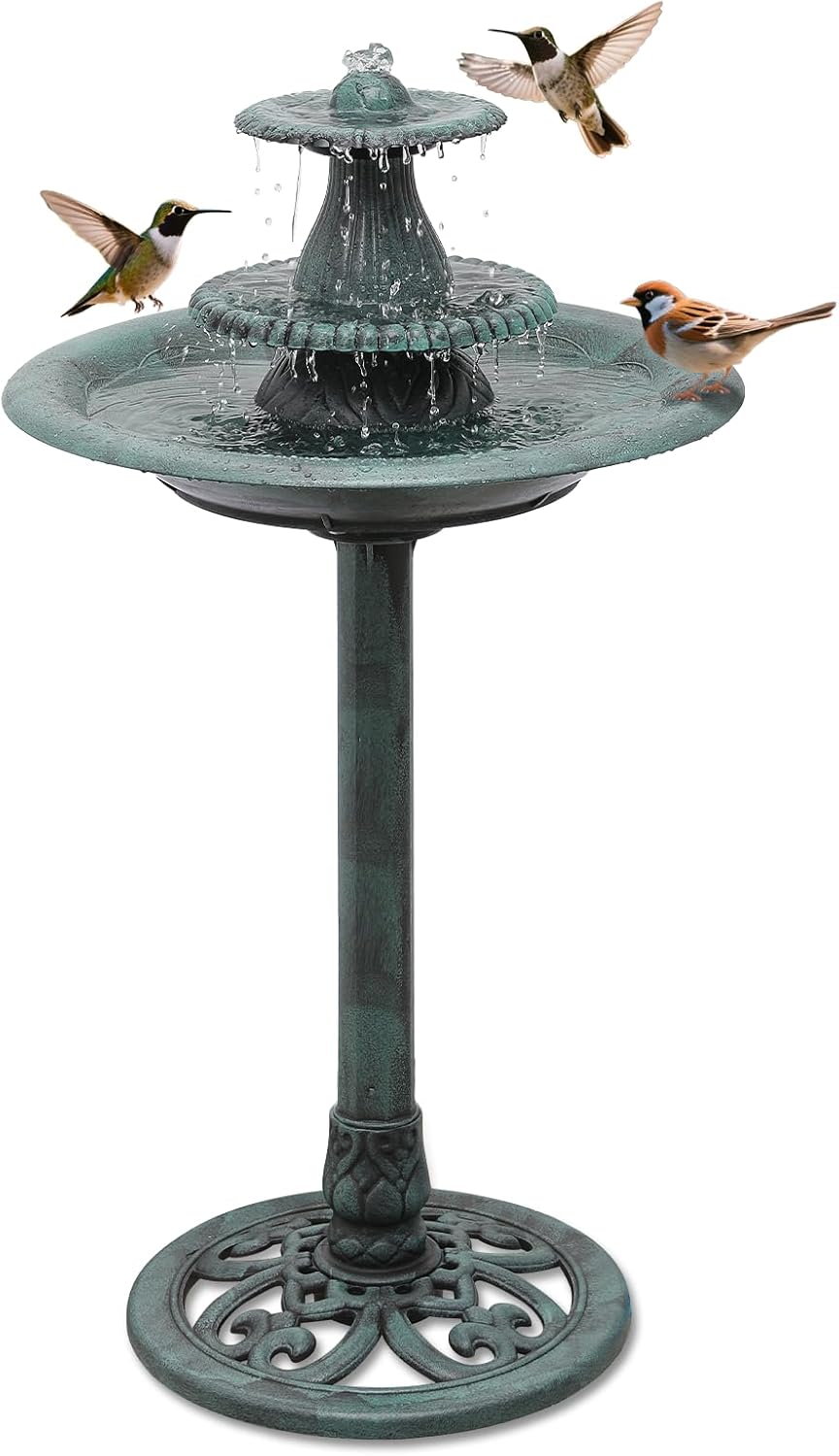 Athena Collection 37'' Height Bird Bath Vintage Pedestal Birdbath Electric Water Fountain with Recirculating Pump Polypropylene Floral Accents 3 Tier Birdbath for Outside, Patio, Garden, Green