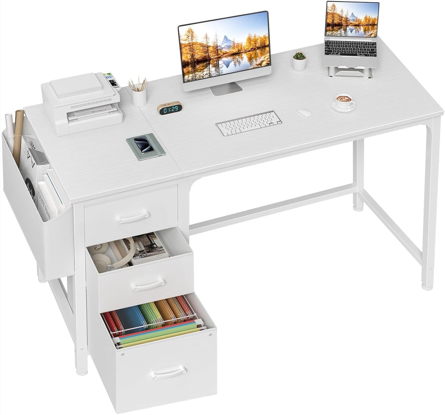 Lufeiya White Desk with File Drawers Cabinet, 47 Inch Reversible Computer Desk with Fabric Filing Cabinet for Bedroom Small Space Home Office, Modern Writing Table PC Desks, White