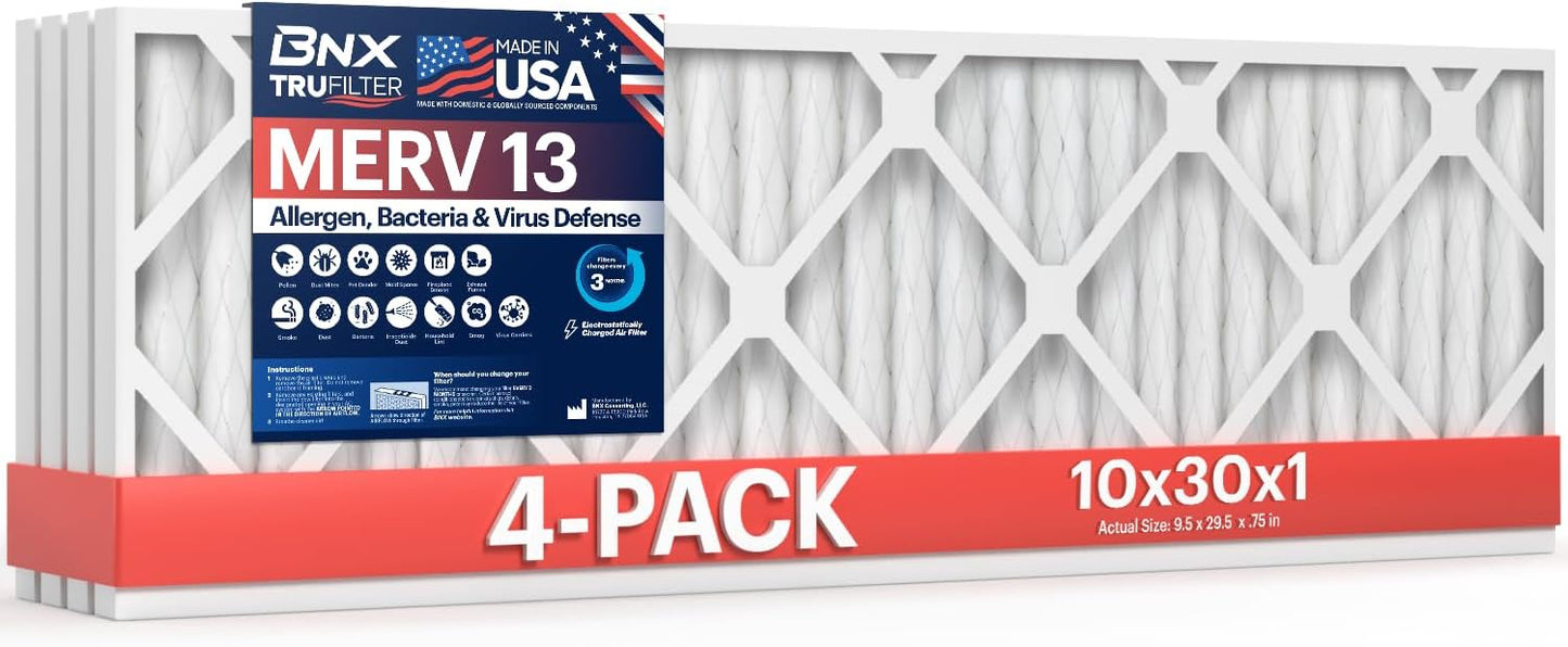 BNX TruFilter 20x20x1 MERV 13 (4-Pack) AC Furnace Air Filter - MADE IN USA - Electrostatic Pleated Air Conditioner HVAC AC Furnace Filters - Removes Pollen, Mold, Bacteria, Smoke