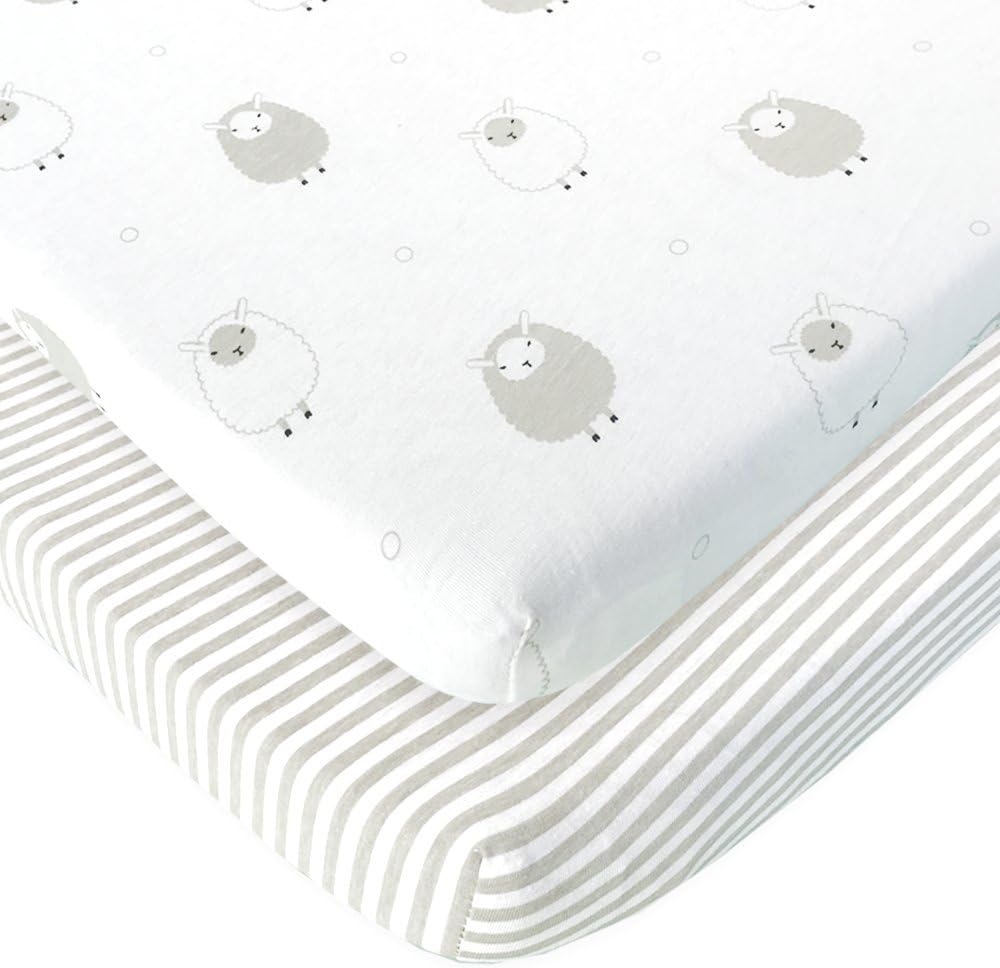 Cuddly Cubs Pack n Play Sheets | 2 Pack Playard Sheet for Baby Girl and Boy | Pure Jersey Cotton Unisex Mini Portable Crib Sheets | Sheep and Stripe in Grey | Compatible with Graco Pack and Play