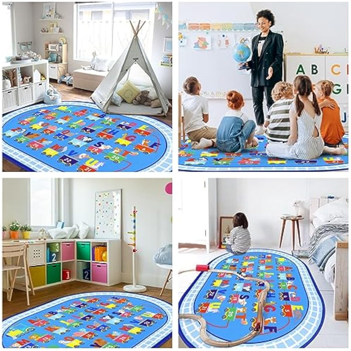 HiiARug Kids Carpet Playmat Rug ABC Alphabet, Numbers, Train and Road Themed Playing Educational Classroom Rug Fun Game Play Area Rug for Kids Bedroom, Toddler Classroom and Baby Playroom Decor