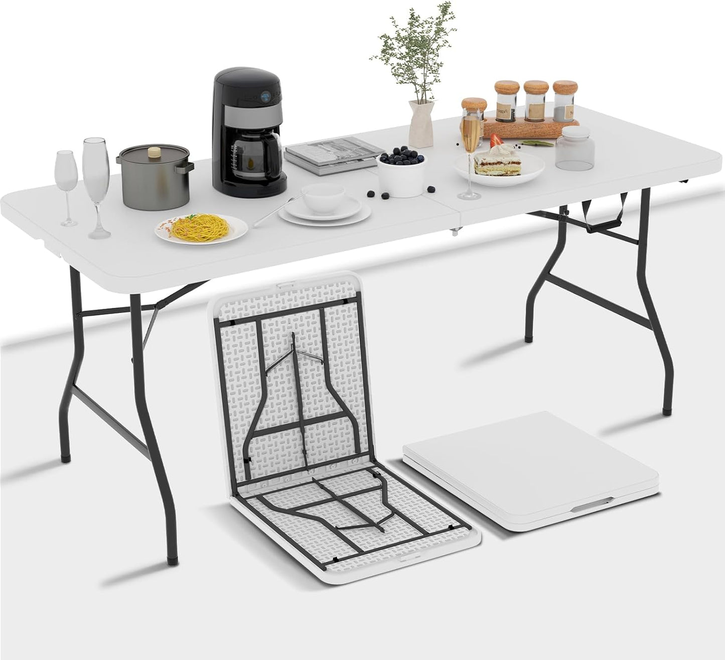 6ft Folding Table - Heavy Duty Portable 6 Foot Plastic Table with Fold-in-Half Design & Carry Handle, Indoor Outdoor Utility Table for Dining, Camping, Parties, Picnics, Tailgating (6FT, Black) ﻿