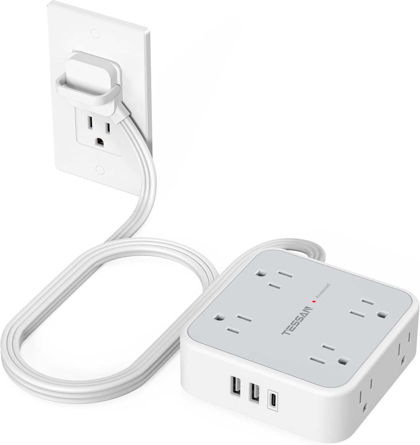 TESSAN Surge Protector Power Strip, 5 Ft Flat Plug Extension Cord with 3 USB (1 USB C) 8 Outlets, 1250W, 900J Protection, 3 Sided Outlet Extender with Power Switch for Office, Dorm Room Essentials